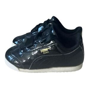 Puma Roma Toddler Black Patent Leather Shoes Size 8C Low-Top Lace Up Sneakers